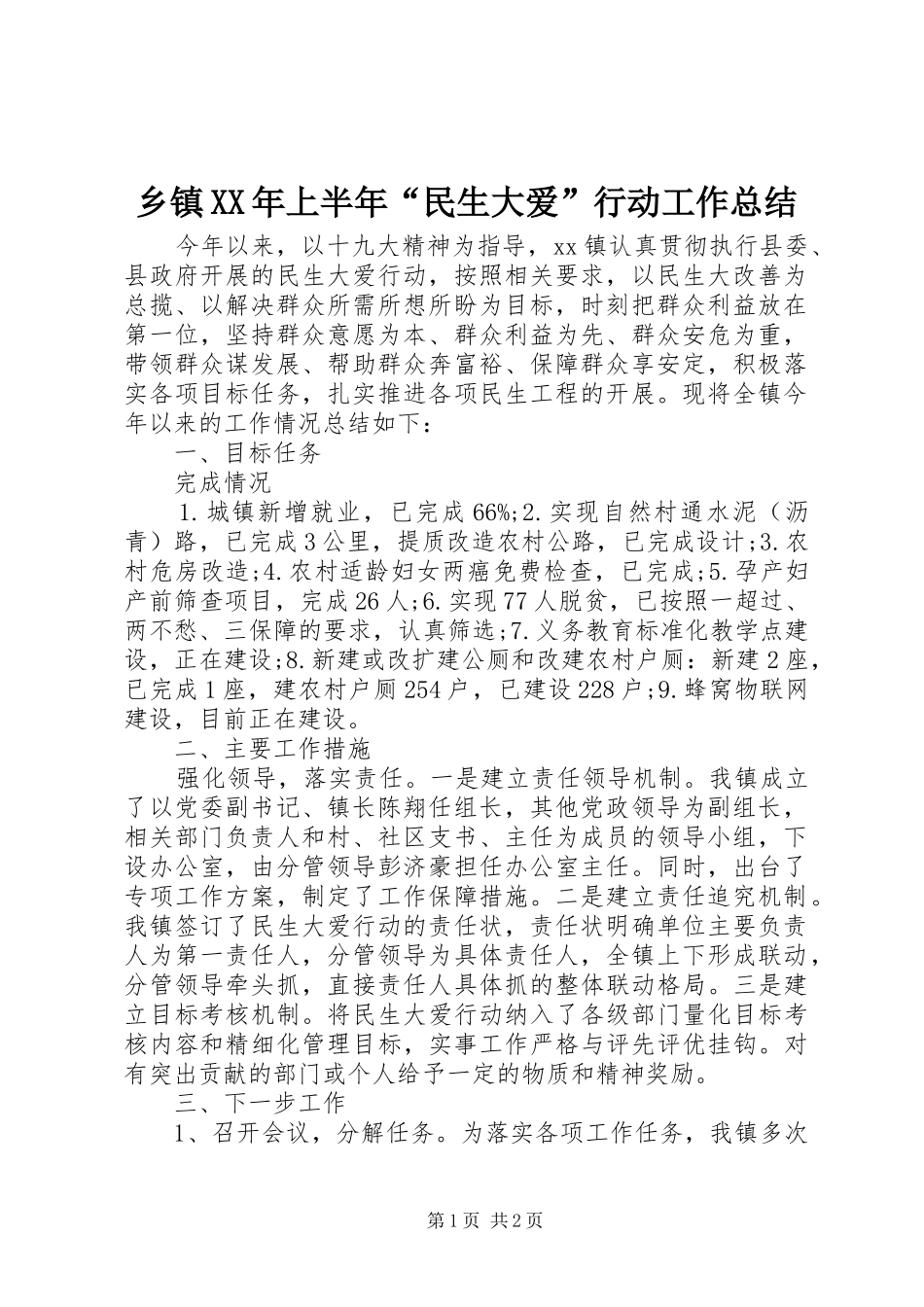 乡镇XX年上半年“民生大爱”行动工作总结 _第1页