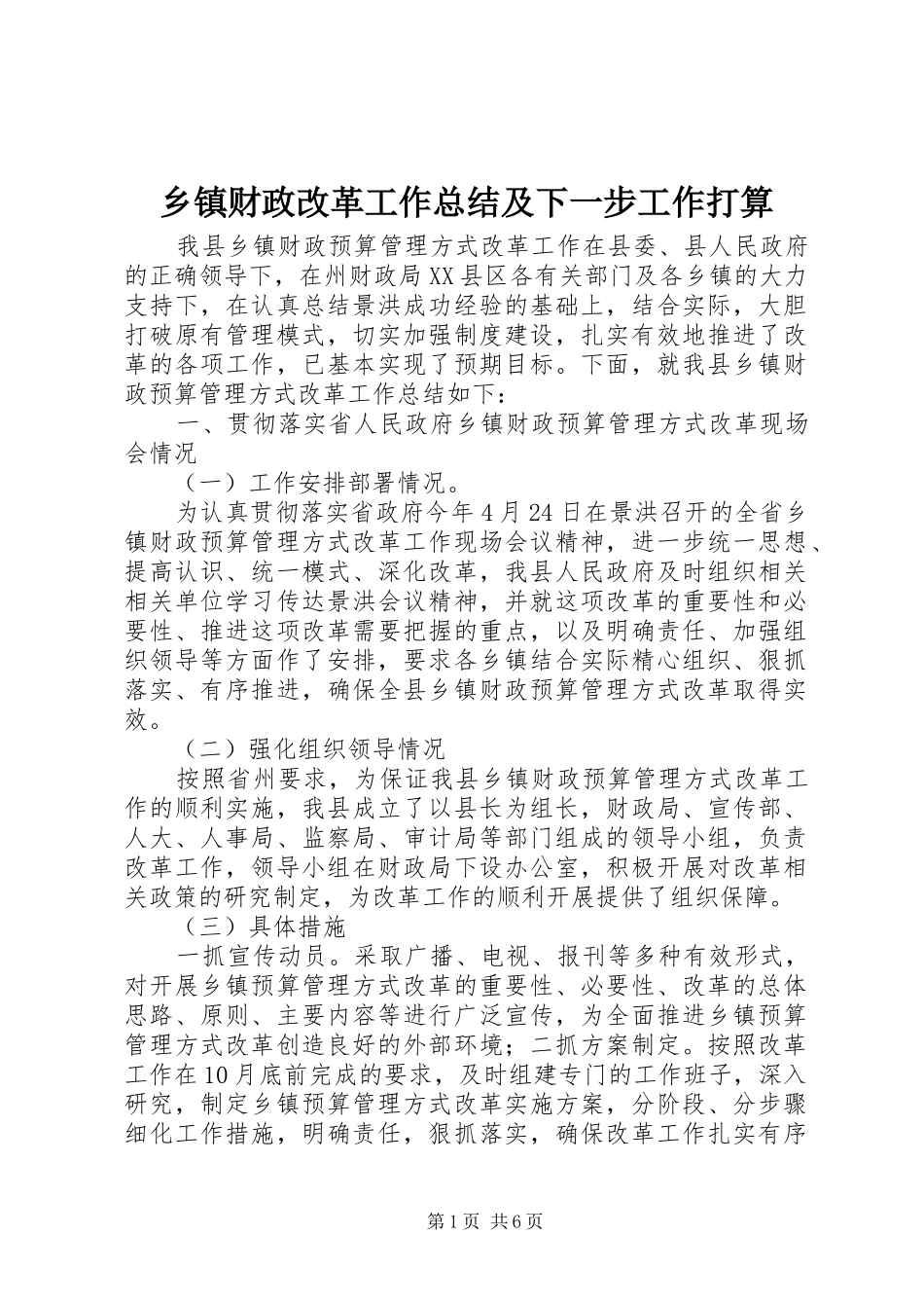 乡镇财政改革工作总结及下一步工作打算 _第1页