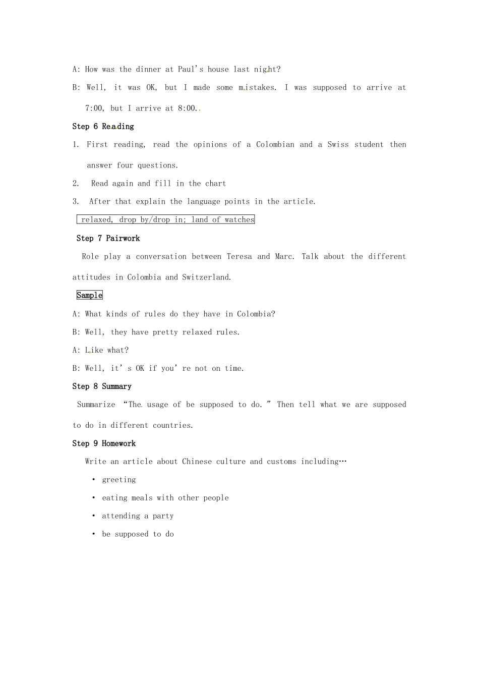 河南省南乐县张果屯乡中学九年级英语《Unit 12 You’ re supposed to shake hands：Period 1》教案 人教新目标版_第2页