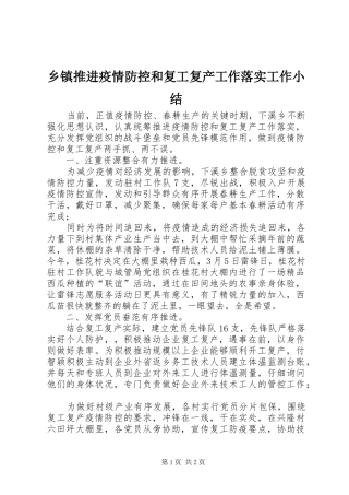 乡镇推进疫情防控和复工复产工作落实工作小结 