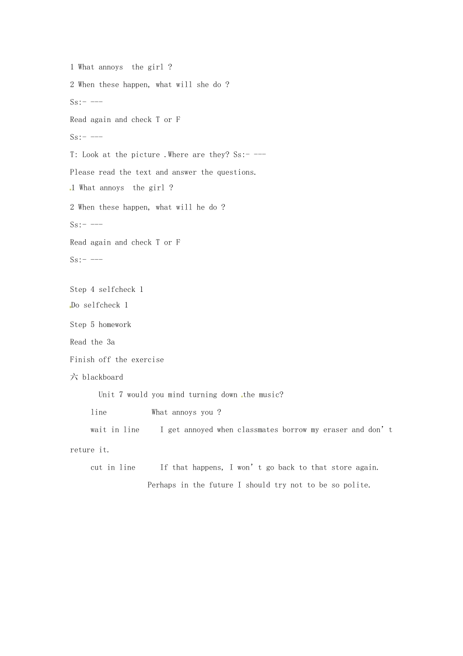 浙江省温州市第二十中学八年级英语下册 Unit 7 Would you mind turning down the music Section B (3a，selfcheck 1)教案 人教新目标版_第2页