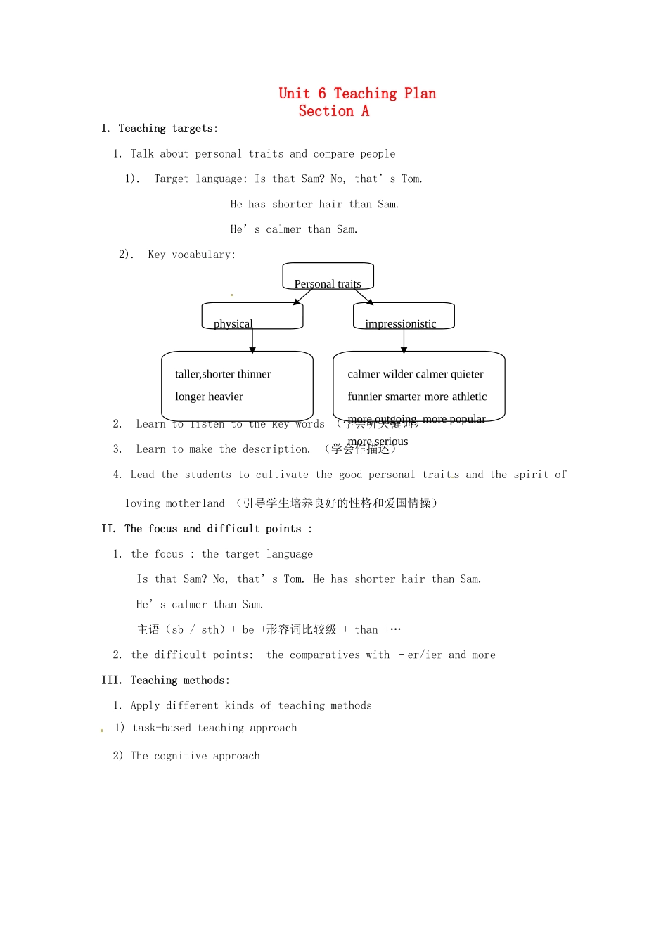 湖北省武汉市为明实验学校八年级英语《Unit 6 I’m more outgoing than my siste Section A》教案_第1页