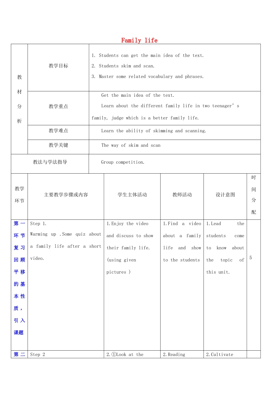 秋九年级英语上册 Unit 3《Family life》教案2 （新版）牛津深圳版-牛津深圳版初中九年级上册英语教案_第1页