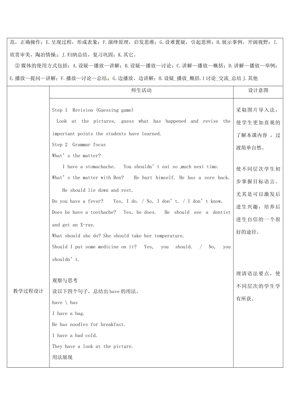 陕西省安康市石泉县池河镇八年级英语下册 Unit 1 What’s the matter（第4课时）Section A（Grammar Focus 4a-4c）教案 （新版）人教新目标版-（新版）人教新目标版初中八年级下册英语教案_第2页