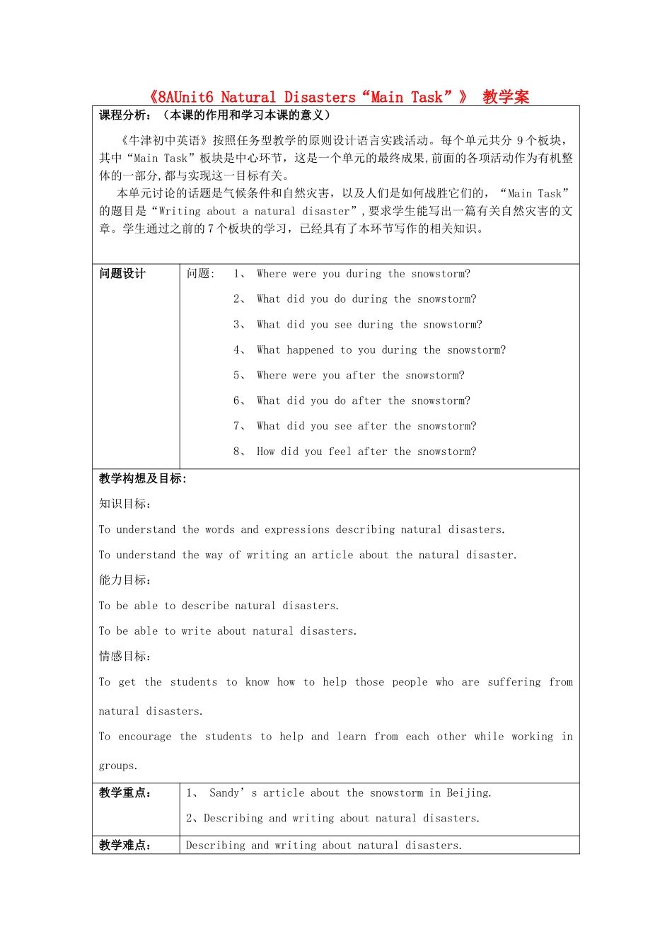 （骨干教师竞赛作品）八年级英语上册《8A Unit 6 Natural Disasters“Main Task”》教学案 牛津版_第1页