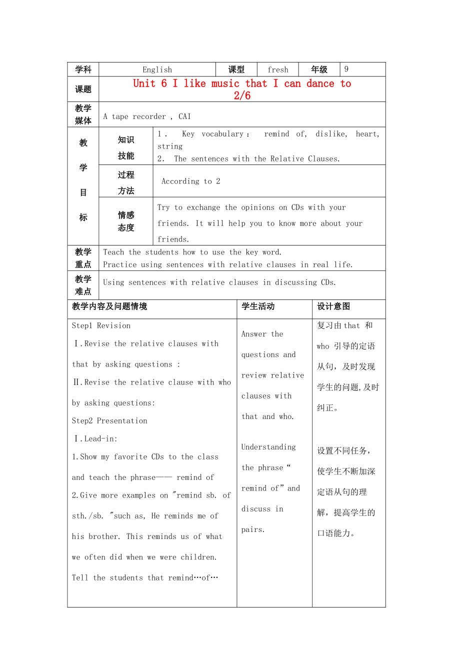 陕西省神木县大保当中学九年级英语 Unit 6 I like music that I can dance to Period 2教案 人教新目标版_第1页