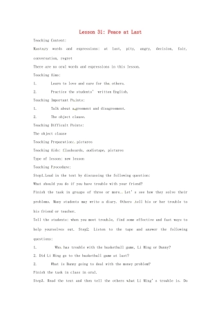 英语：Unit 4 Work for Peace Lesson 7英文教案（冀教版九年级下）