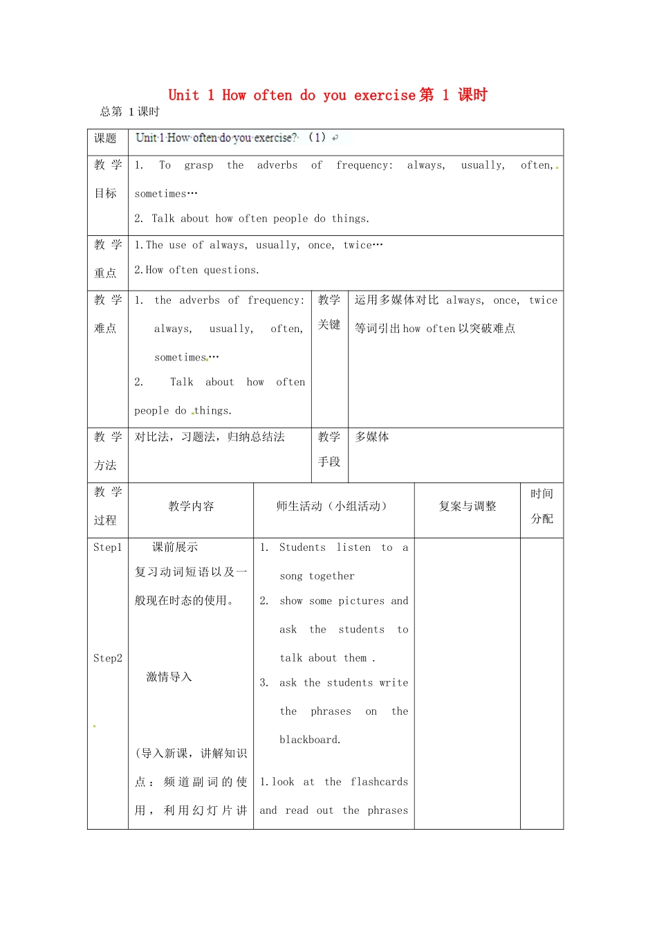 辽宁省凌海市石山初级中学八年级英语上册 Unit 1 How often do you exercise（第1课时）教案 人教新目标版_第1页