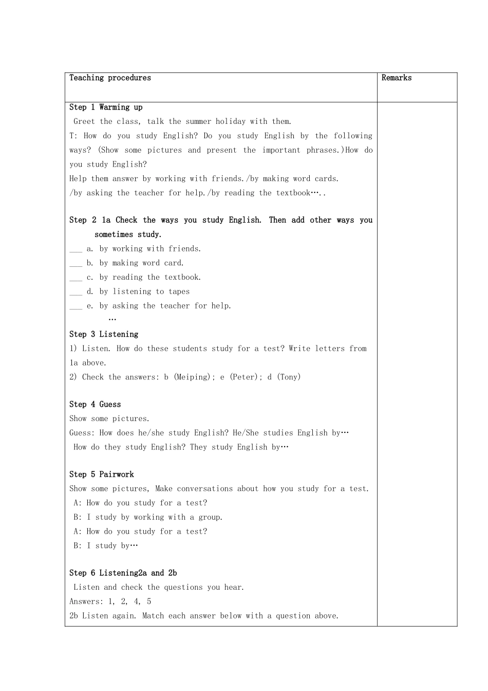 湖北省松滋市涴市镇初级中学九年级英语全册 Unit 1 How can we become good learners Period 1(Section A 1a-2d)教案 （新版）人教新目标版_第3页