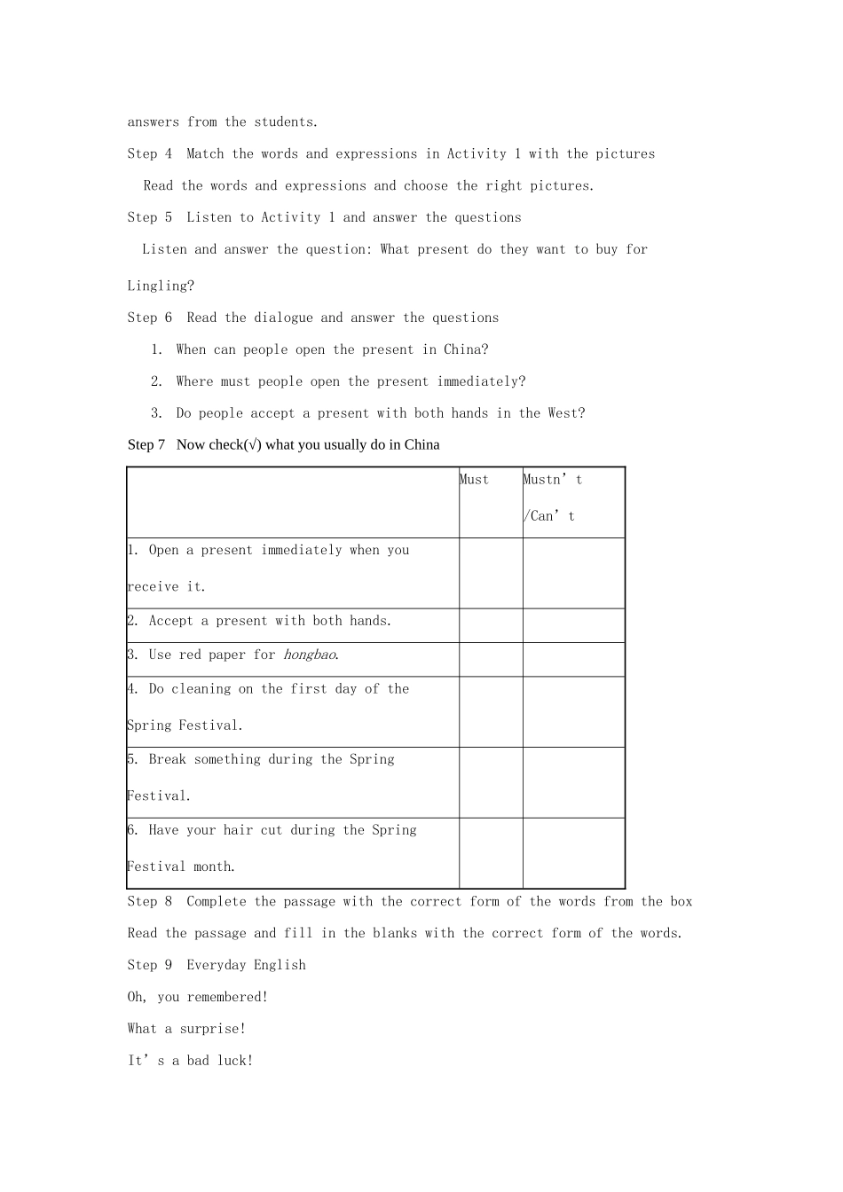 秋八年级英语上册 Module 11 Way of life Unit 1 In China ,we open a gift later教案 （新版）外研版-（新版）外研版初中八年级上册英语教案_第2页
