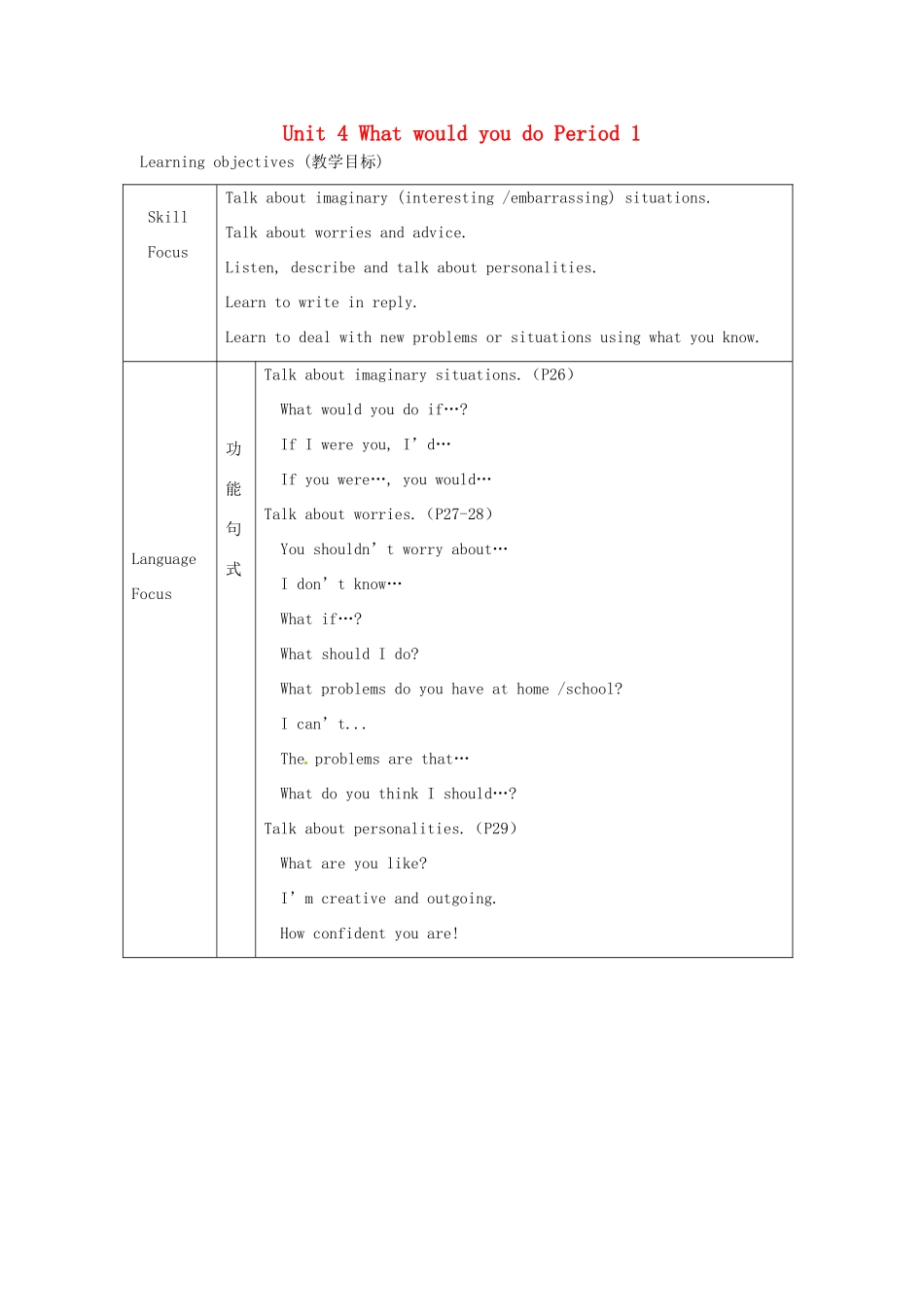 黑龙江省铁力市第五中学九年级英语全册 Unit 4 What would you do Period 1教案 人教新目标版_第1页