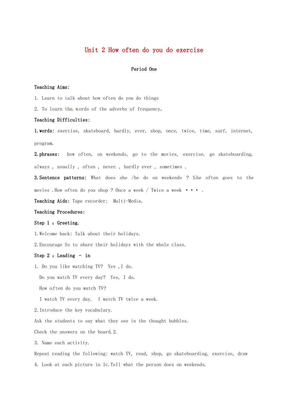 湖南省张家界市桑植县八年级英语上册 Unit 2 How often do you do exercise Period 1 Section A（1a-2c）教案 （新版）人教新目标版-（新版）人教新目标版初中八年级上册英语教案_第1页