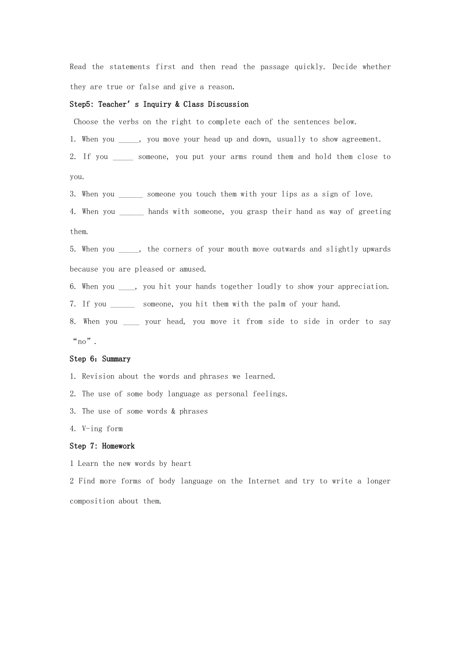 甘肃省兰州市第三十一中学七年级英语下册 Unit 4 Body Language教案 （新版）人教新目标版_第2页