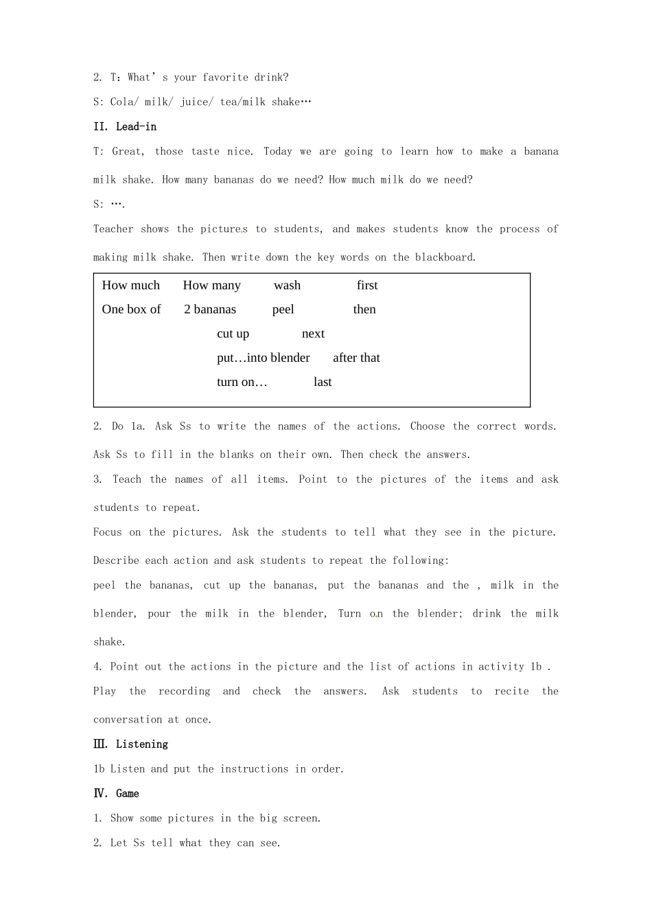 湖南省浏阳市大瑶镇大瑶初级中学八年级英语上册 Unit 8 How do you make a banana milk shake（第1课时）教案 （新版）人教新目标版_第2页