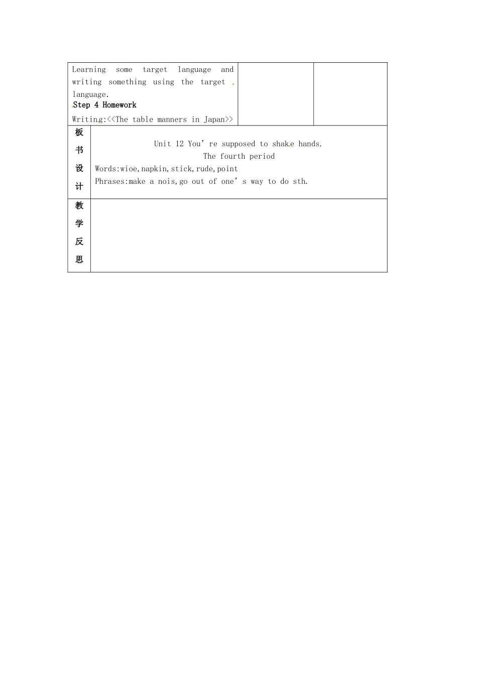 陕西省神木县大保当中学九年级英语 unit 12 You’re supposed to shake hands period 4教案 人教新目标版_第3页