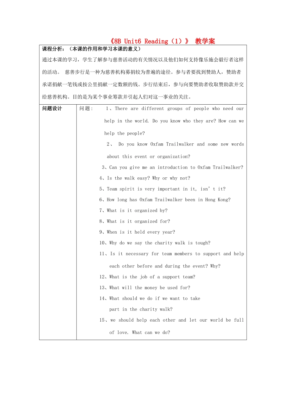 （骨干教师竞赛作品）八年级英语下册《8B Unit 6 Reading（1）》教学案 牛津版_第1页