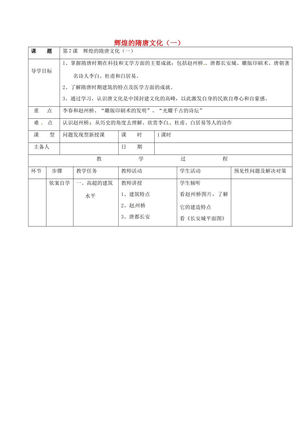 吉林省通化市七年级历史下册 第一单元 第7课 辉煌的隋唐文化（一）导学案 鲁教版-鲁教版初中七年级下册历史学案_第1页