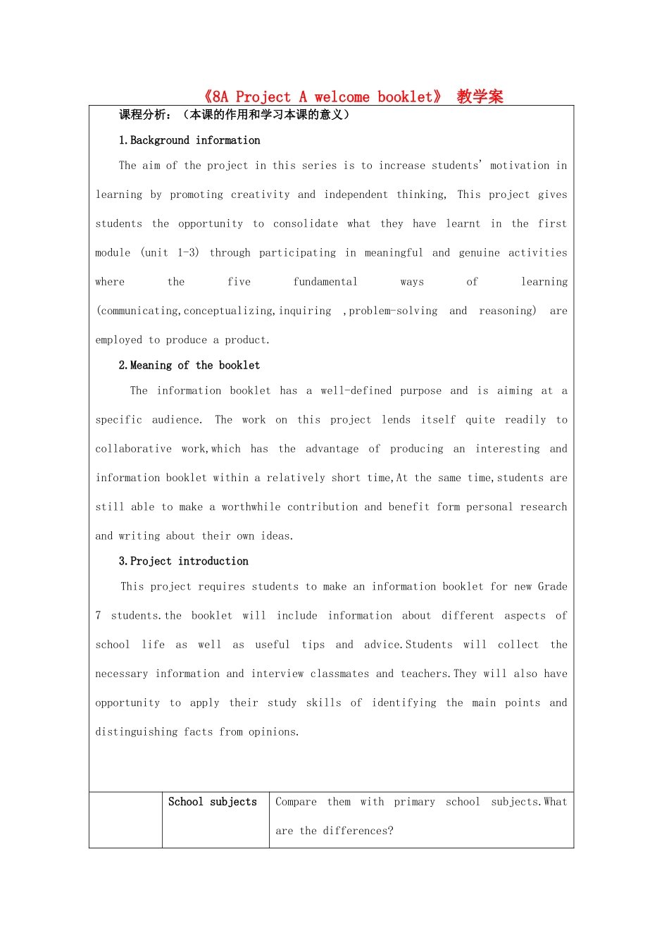 （骨干教师竞赛作品）八年级英语上册《8A Project A welcome booklet》教学案 牛津版_第1页