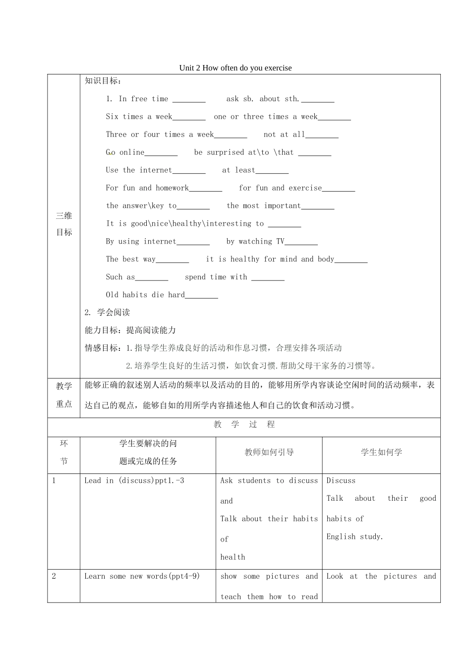 陕西省石泉县八年级英语上册 Unit 2 How often do you exercise Section B（1a-2e）教案 （新版）人教新目标版-（新版）人教新目标版初中八年级上册英语教案_第1页