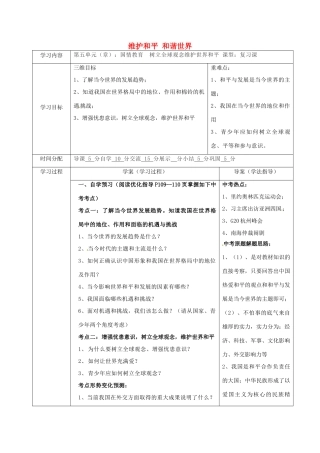 陕西省山阳县九年级中考政治 国情教育专题复习 维护和平 和谐世界学案-人教版初中九年级全册政治学案