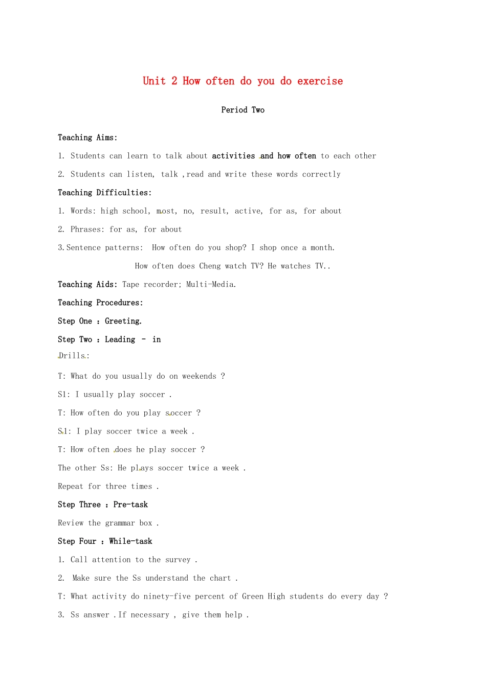 湖南省张家界市桑植县八年级英语上册 Unit 2 How often do you do exercise Period 2 Section A（3-4）教案 （新版）人教新目标版-（新版）人教新目标版初中八年级上册英语教案_第1页