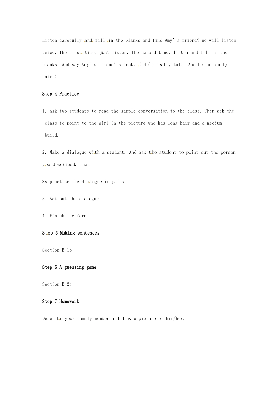 河南省南乐县张果屯乡中学七年级英语下册《Unit 7 What does he look like Section A》教案 人教新目标版_第2页