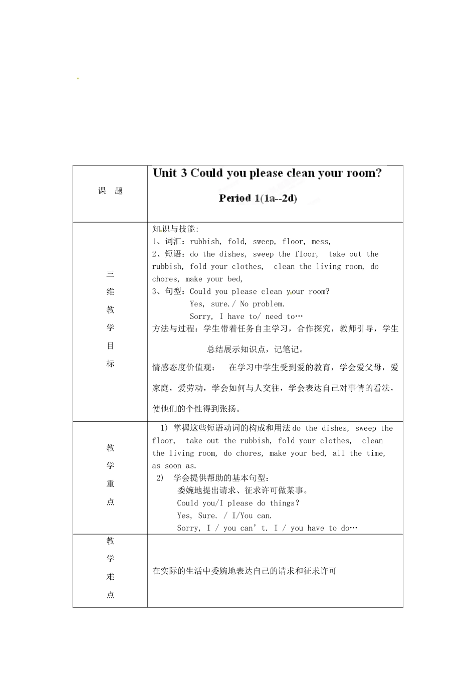 河北省石家庄市赞皇县第二中学八年级英语下册《Unit 3 Could you please clean your room》（第1课时）教案 （新版）人教新目标版_第2页