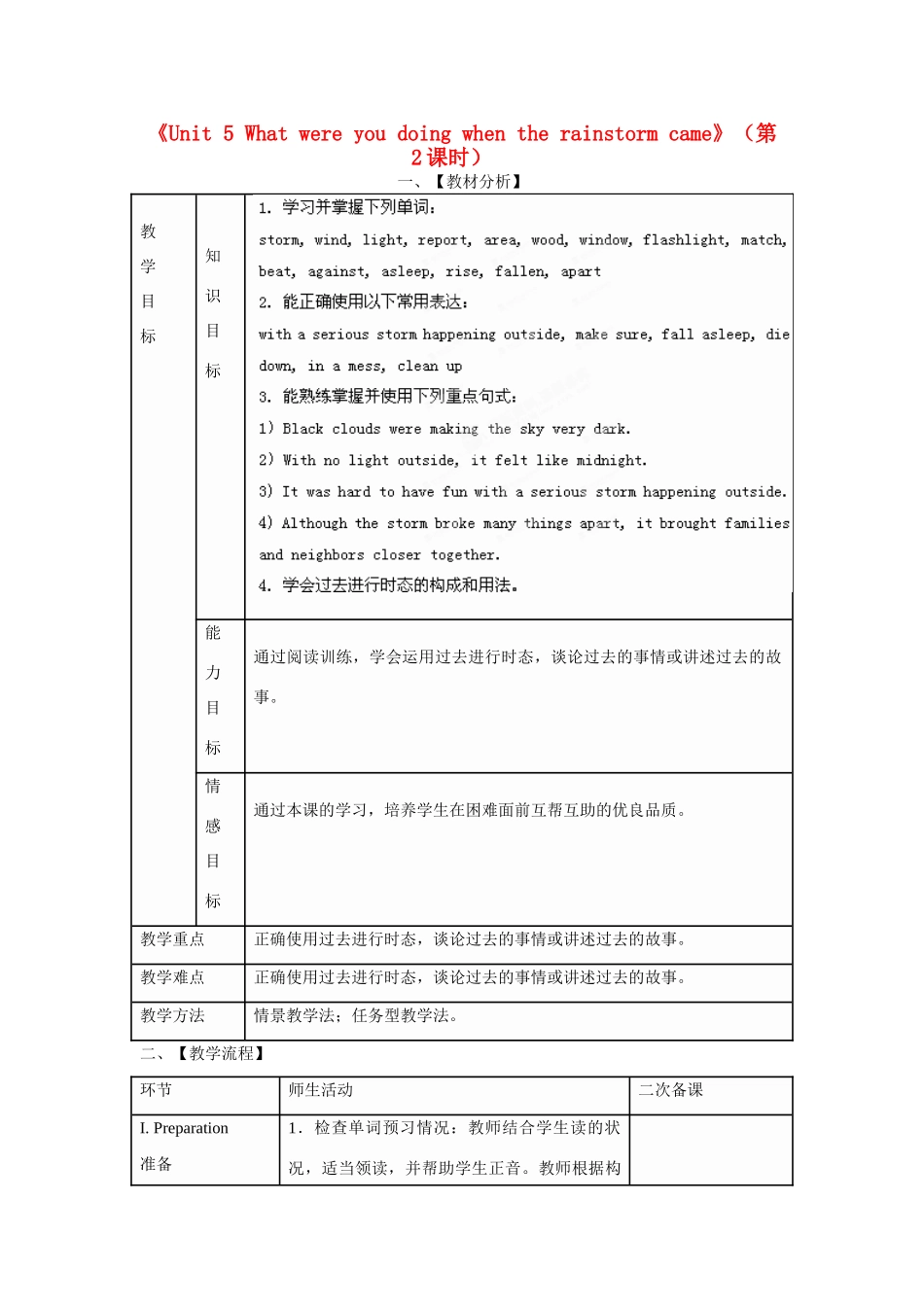 湖南省韶山市实验中学八年级英语下册《Unit 5 What were you doing when the rainstorm came》（第2课时）教案 （新版）人教新目标版_第1页