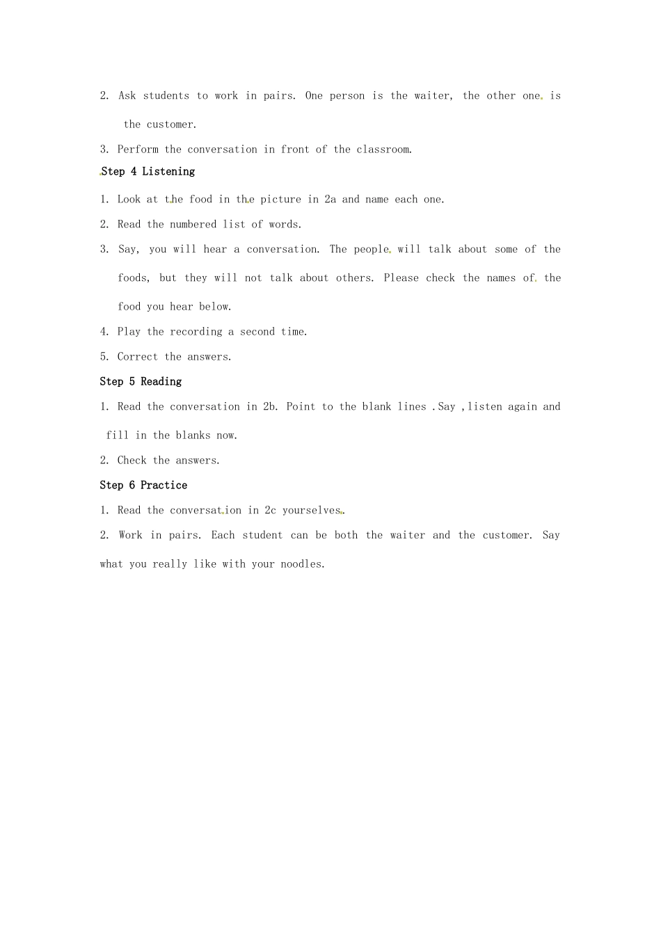 河南省南乐县张果屯乡中学七年级英语下册《Unit 8 I'd like some noodles.Section A》教案 人教新目标版_第2页