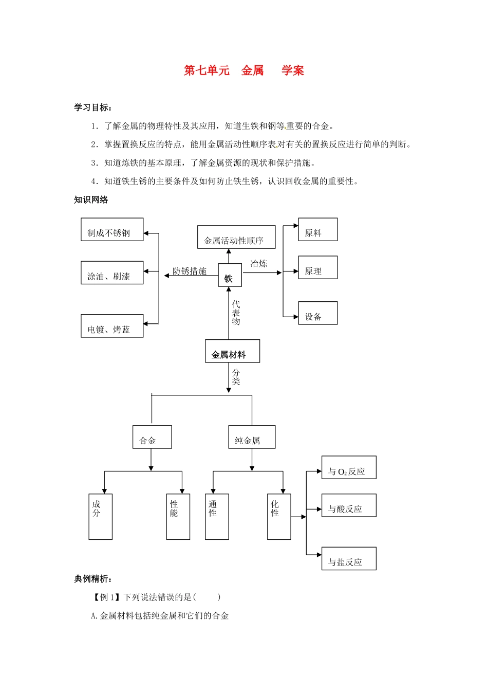 九年级化学 第七单元《金属》学案（无答案） 鲁教版_第1页