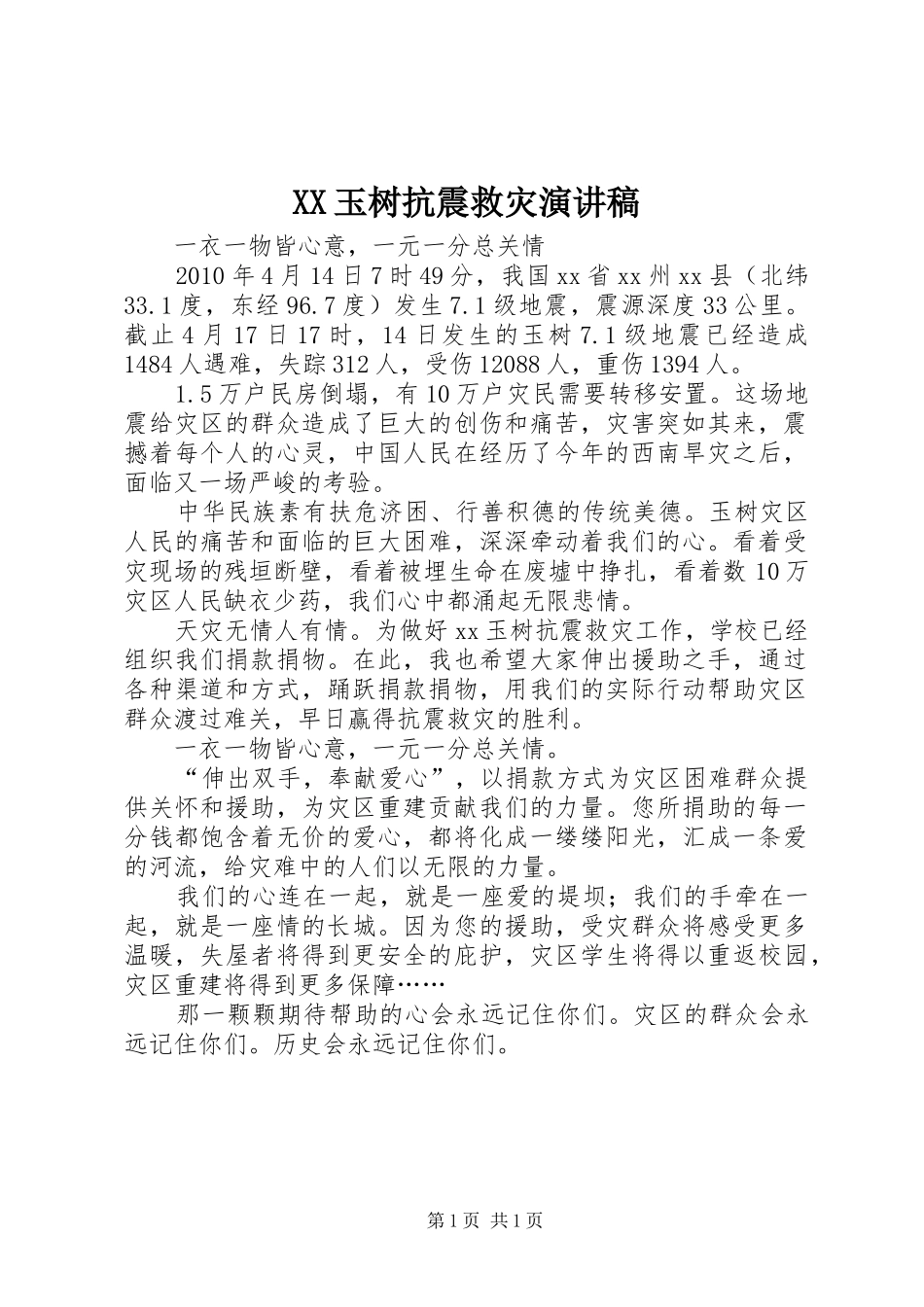 XX玉树抗震救灾演讲稿范文_第1页