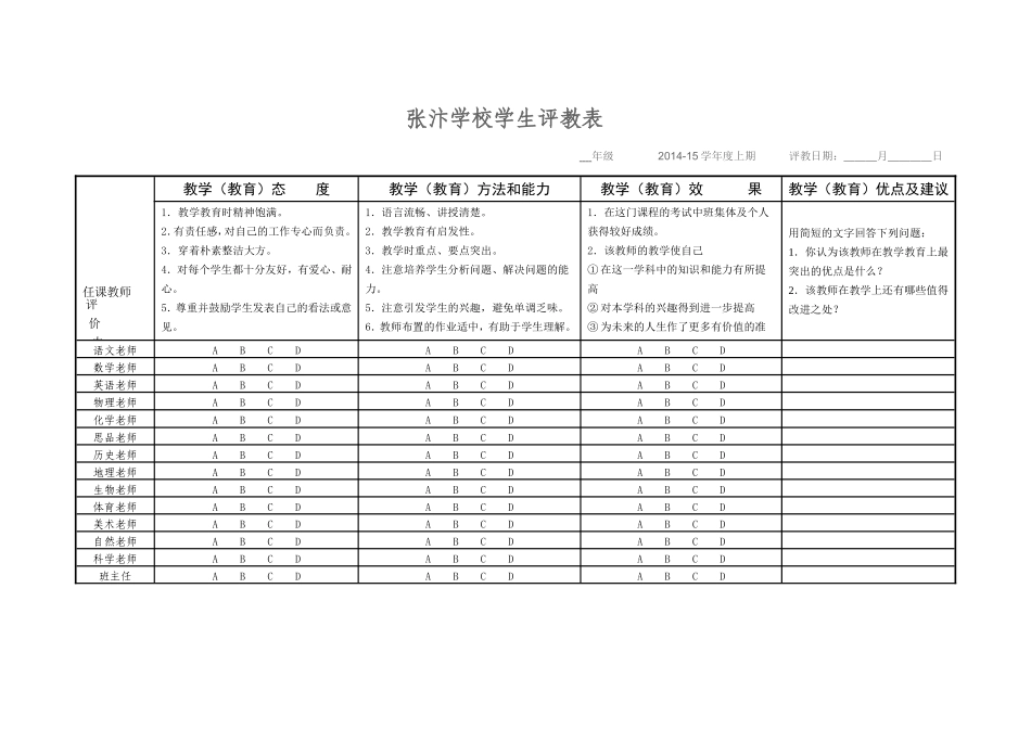张汴学校学生评教表_第1页