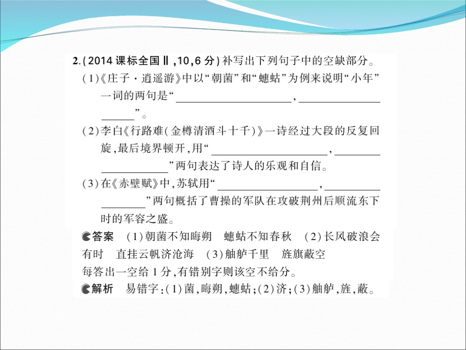 2015届高考语文一轮复习课件：专题13_默写常见的名句名篇(1)_第2页