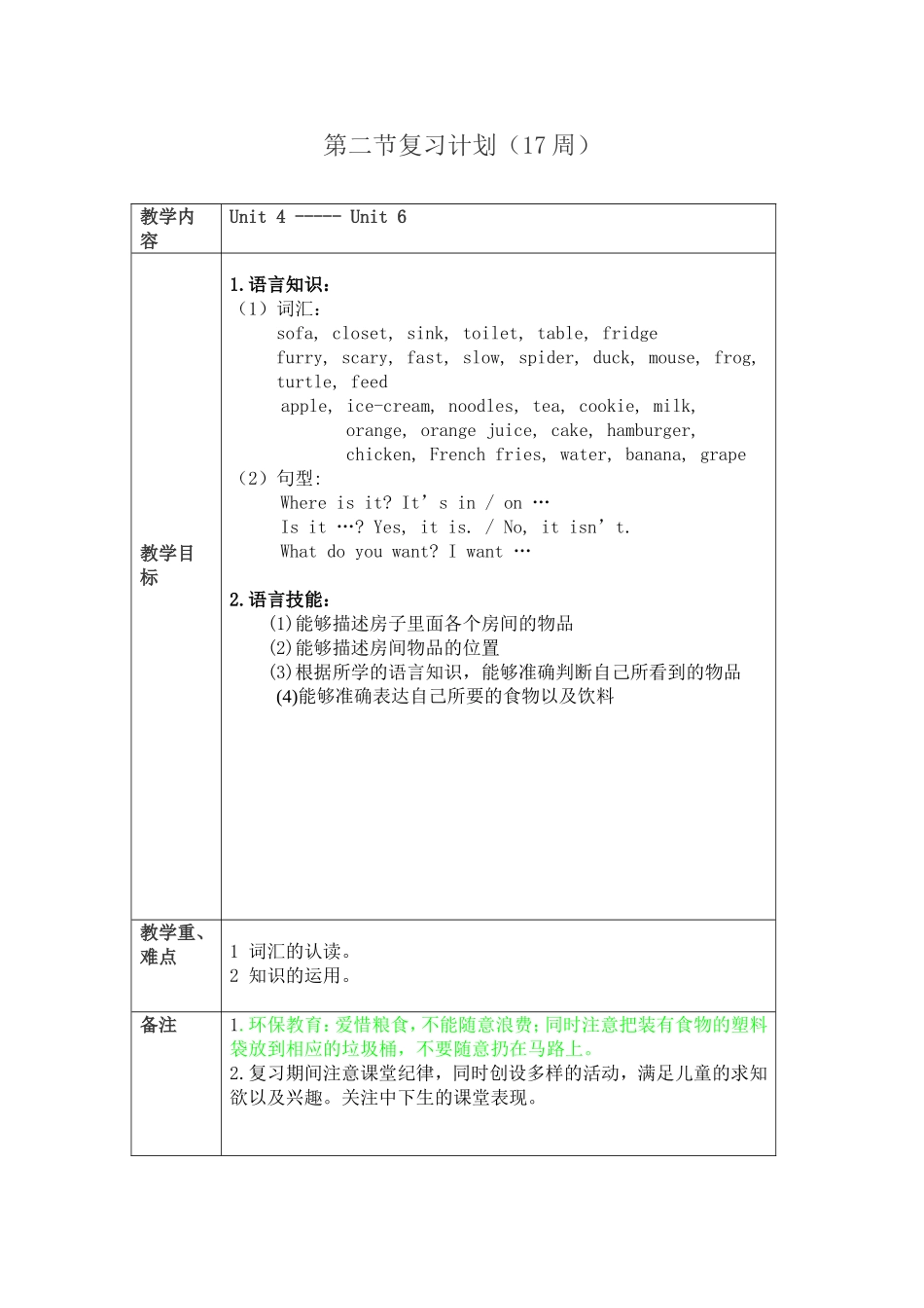 一年级下册英语教学复习计划_第3页