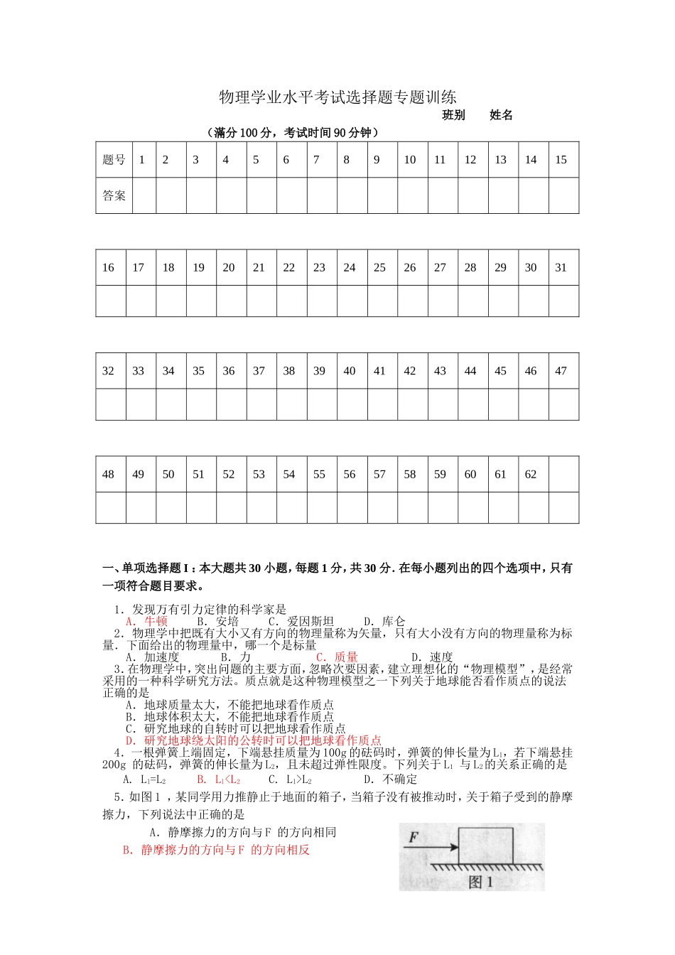 2014年物理学业水平考试选择题专题（1）_第1页