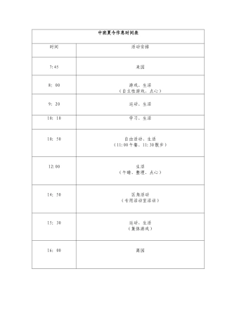 中班夏令作息时间表