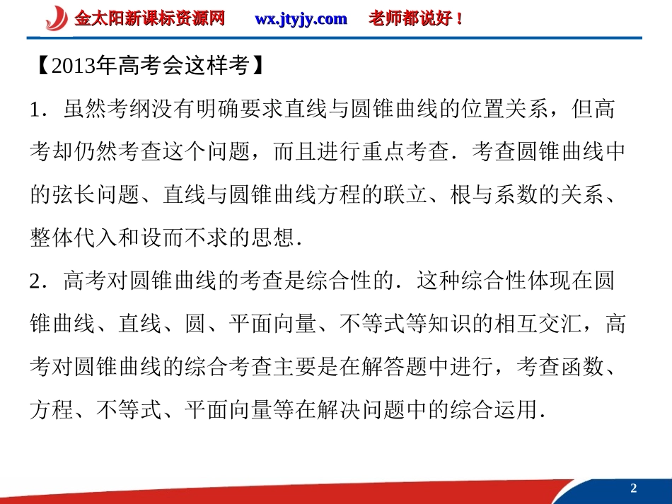 2013届高考数学（文）一轮复习课件：8-8第8讲　直线与圆锥曲线_（人教A版)[1]_第2页