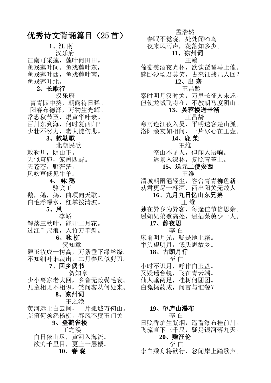 优秀诗文背诵篇目（25首）_第1页