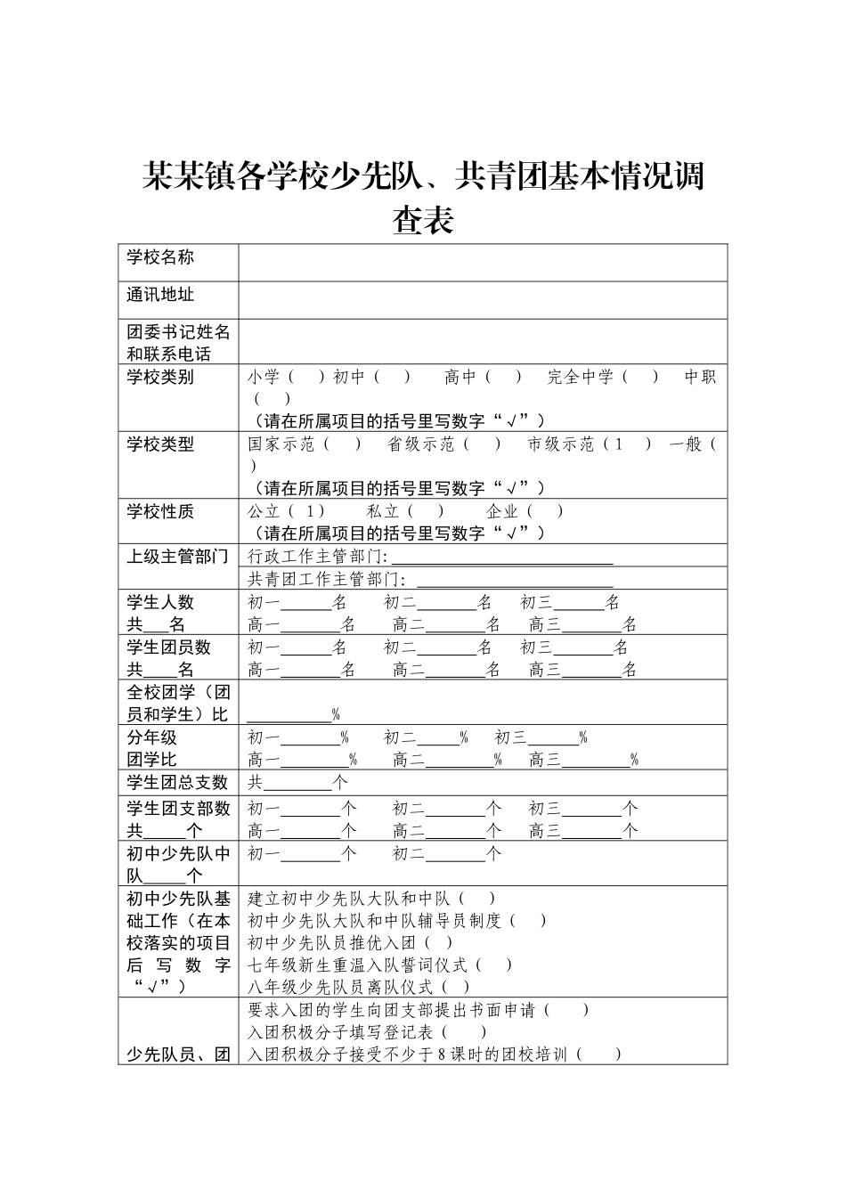 某某镇各学校少先队、共青团基本情况调查表_第1页