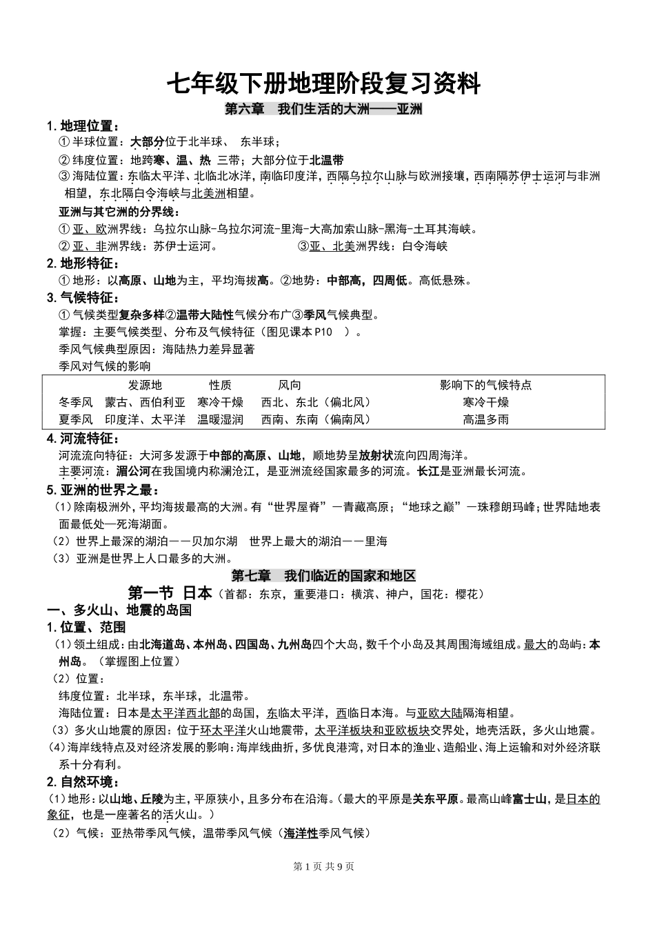 七年级下册地理复习提纲2015_第1页