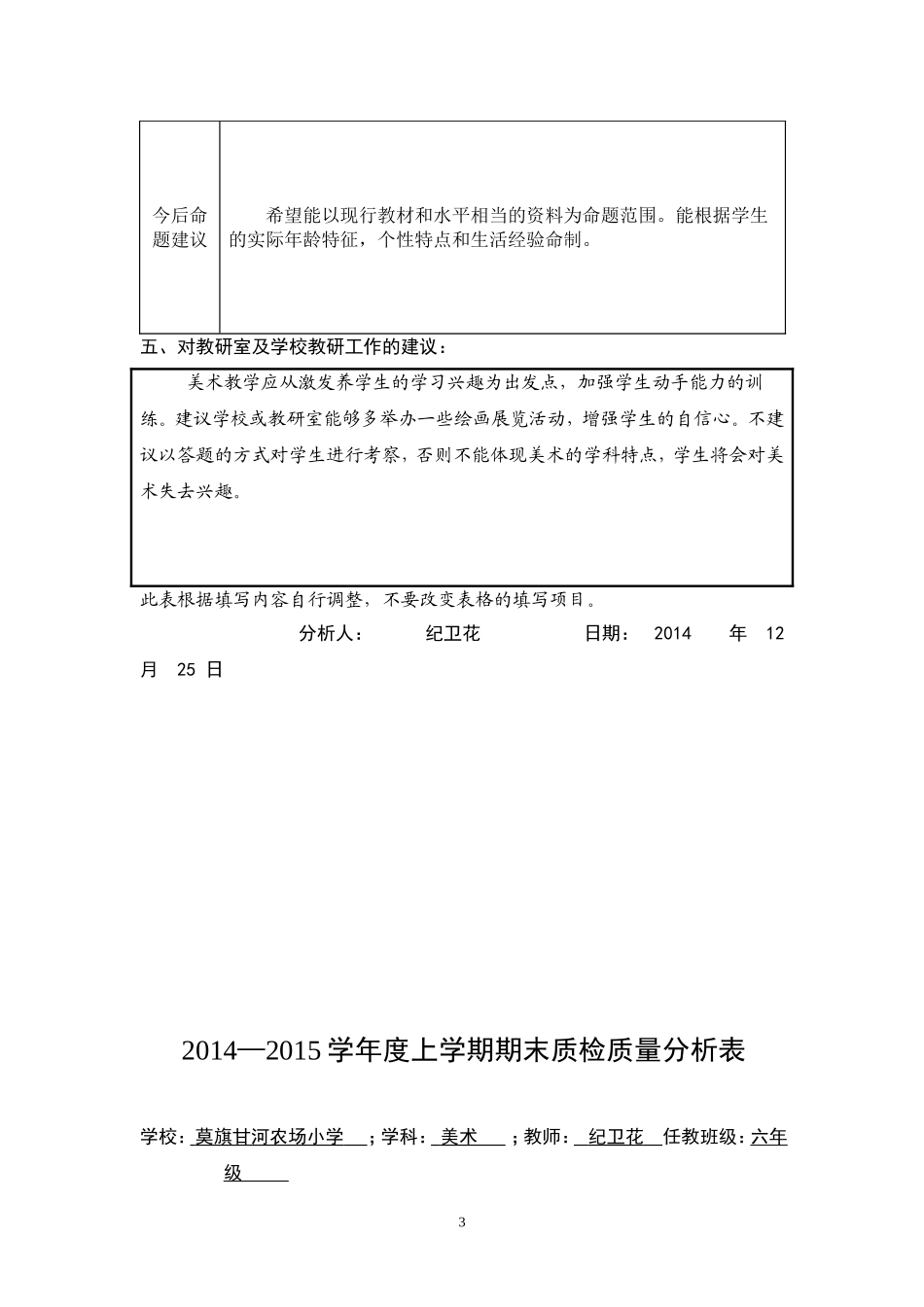 表四：小学期末质检学科质量分析样表_第3页