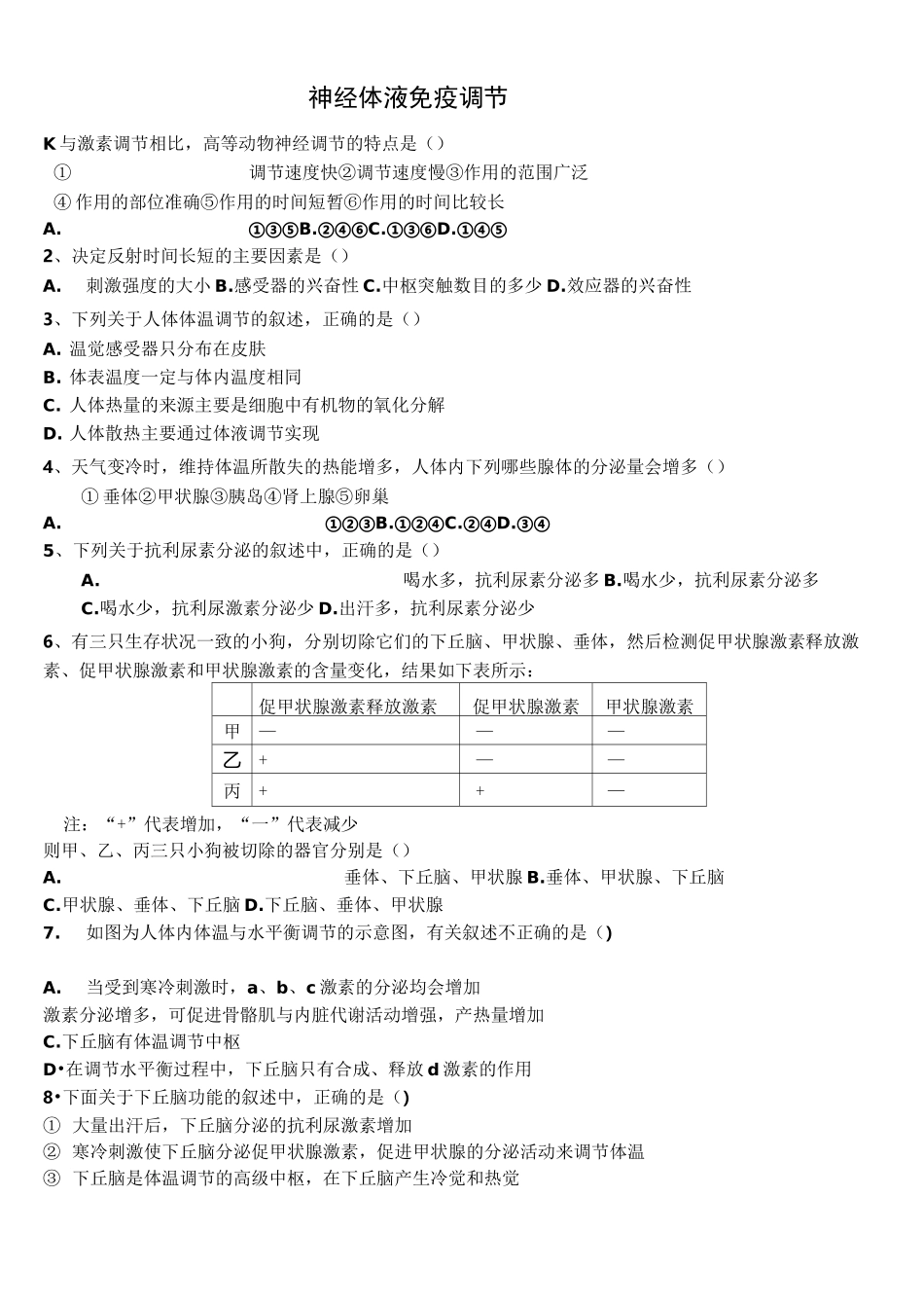 神经体液调节关系、免疫调节练习题_第1页
