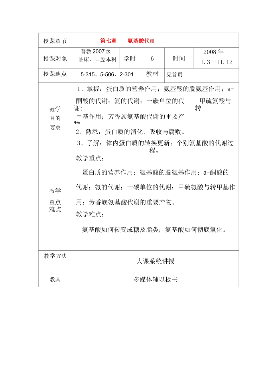 生物化学教案：第七章 氨基酸代谢_第1页