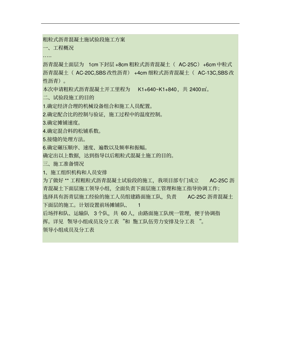 粗粒式沥青混凝土试验段施工方案精_第1页