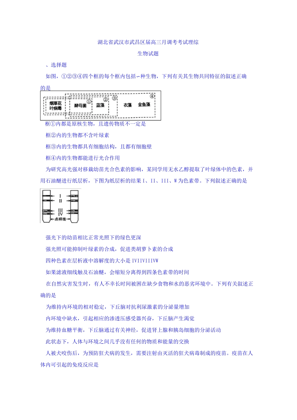 湖北省武汉市武昌区2020届高三5月调考考试理综生物试题Word版含答案_第1页