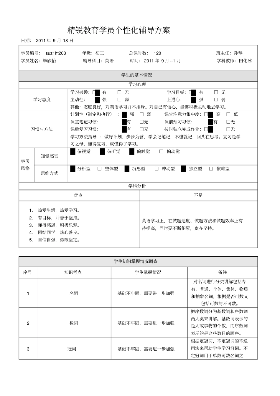 精锐教育学员8年级毕欣怡-个性化辅导方案_第1页