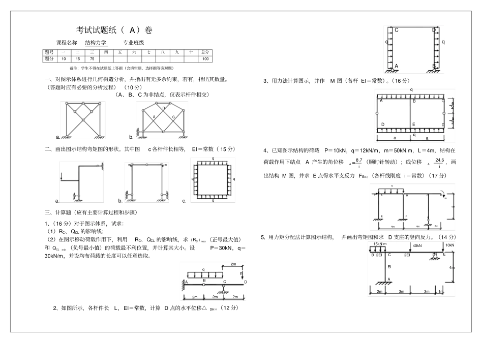 结构力学试题1及答案_第1页