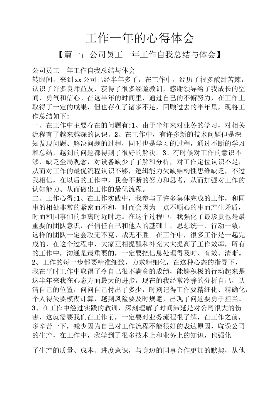 工作一年的心得体会_第1页