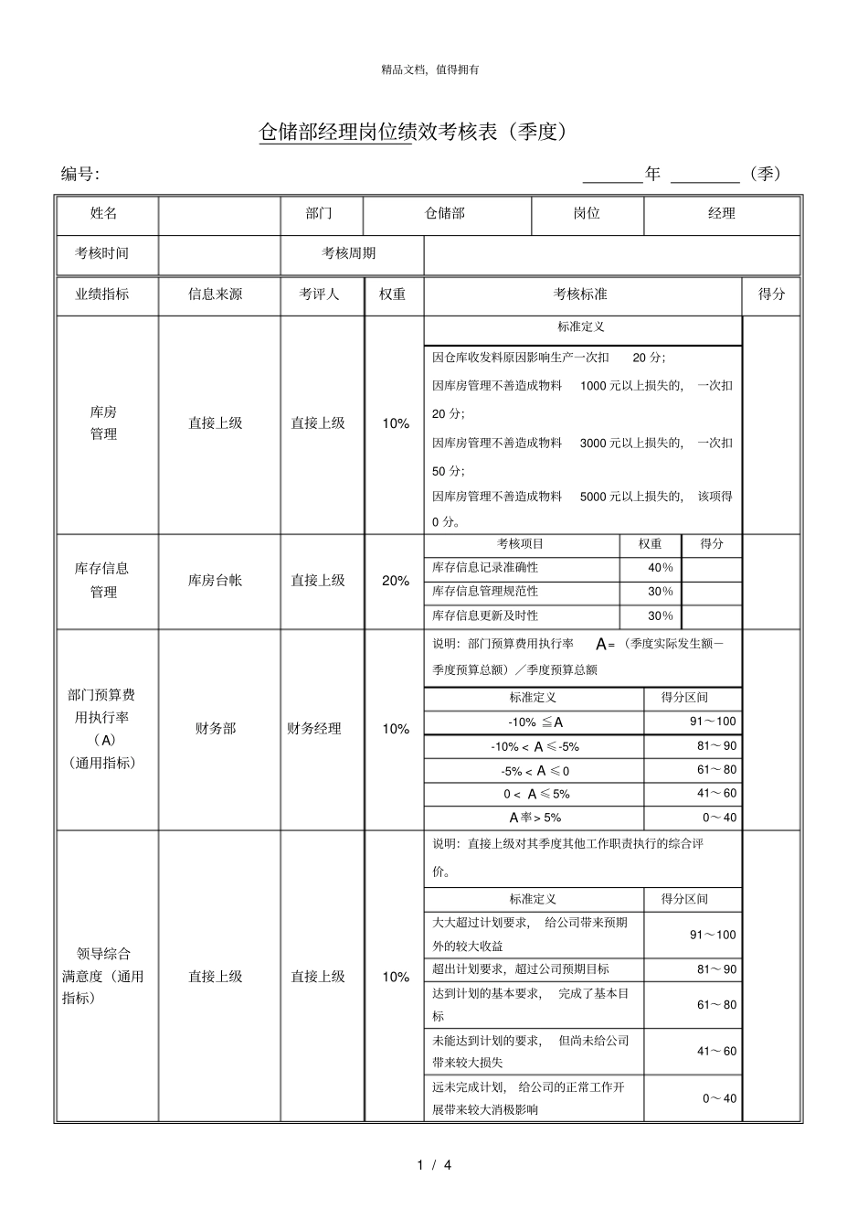 绩效考核指标仓储部经理010_第1页