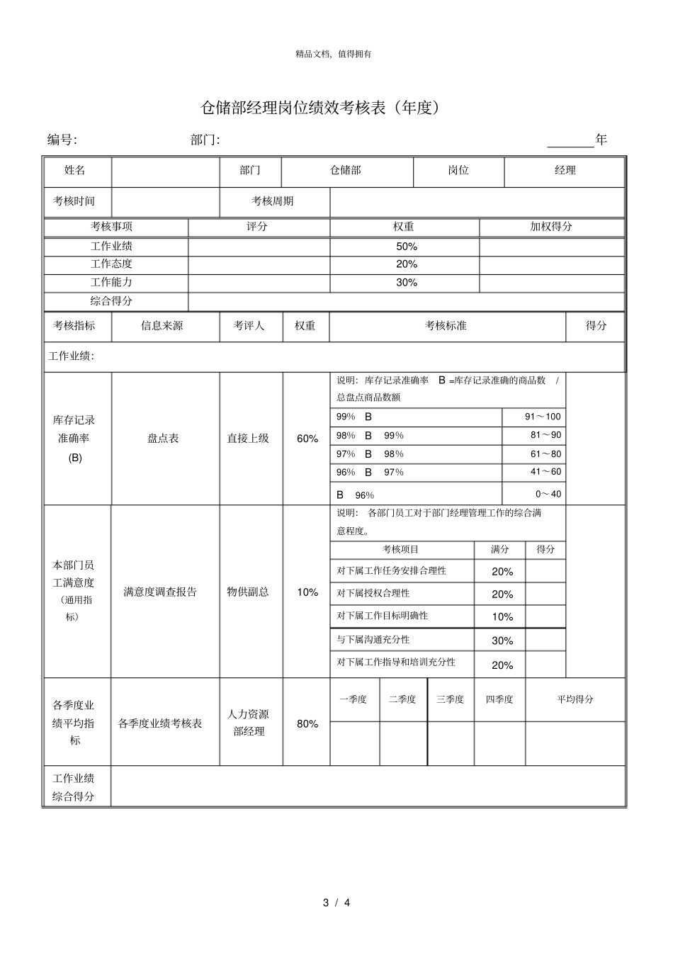 绩效考核指标仓储部经理010_第3页